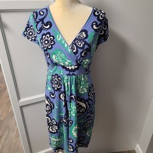 Boden Tonal Blue Floral Jersey Short Sleeve Vneck Faux Wrap Dress Women's 6